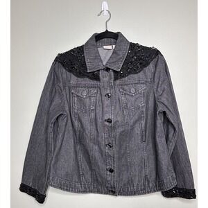 Chicos Black Embellished Denim Gray Button  Jacket Size 2P Large* FLAW‎